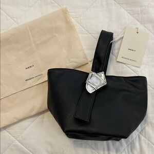 Brandon Maxwell Black Leather Wristlet with Silver Accent